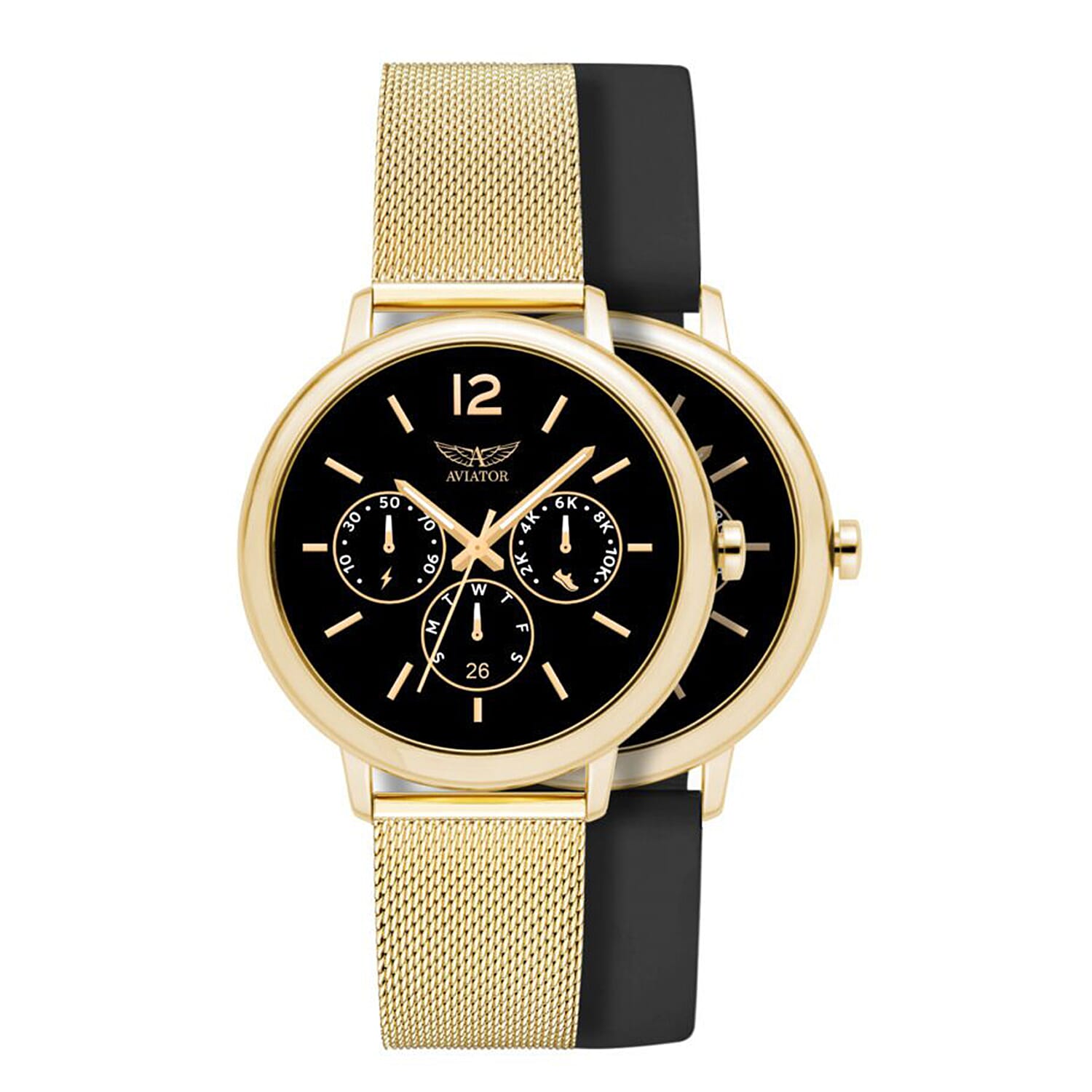 Aviator Smart Watch - Steps, Heart Rate, Blood Pressure, Calories, Menstral Cycle with Gold Tone Milanese-BlackSilicone Straps