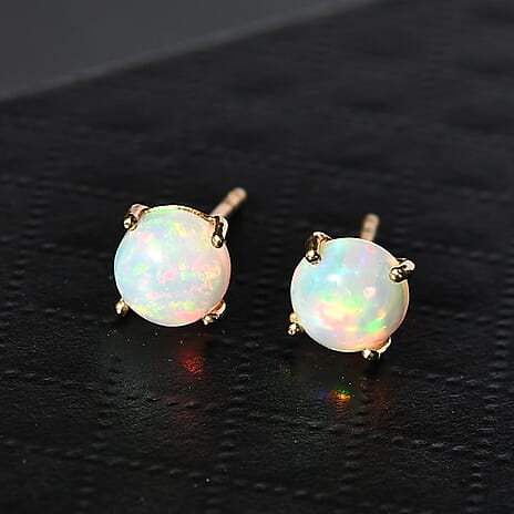 Ethiopian Opal Solitaire Stud Push Post Earring in 18K Yellow Gold Plated Sterling Silver 1.17 Ct.