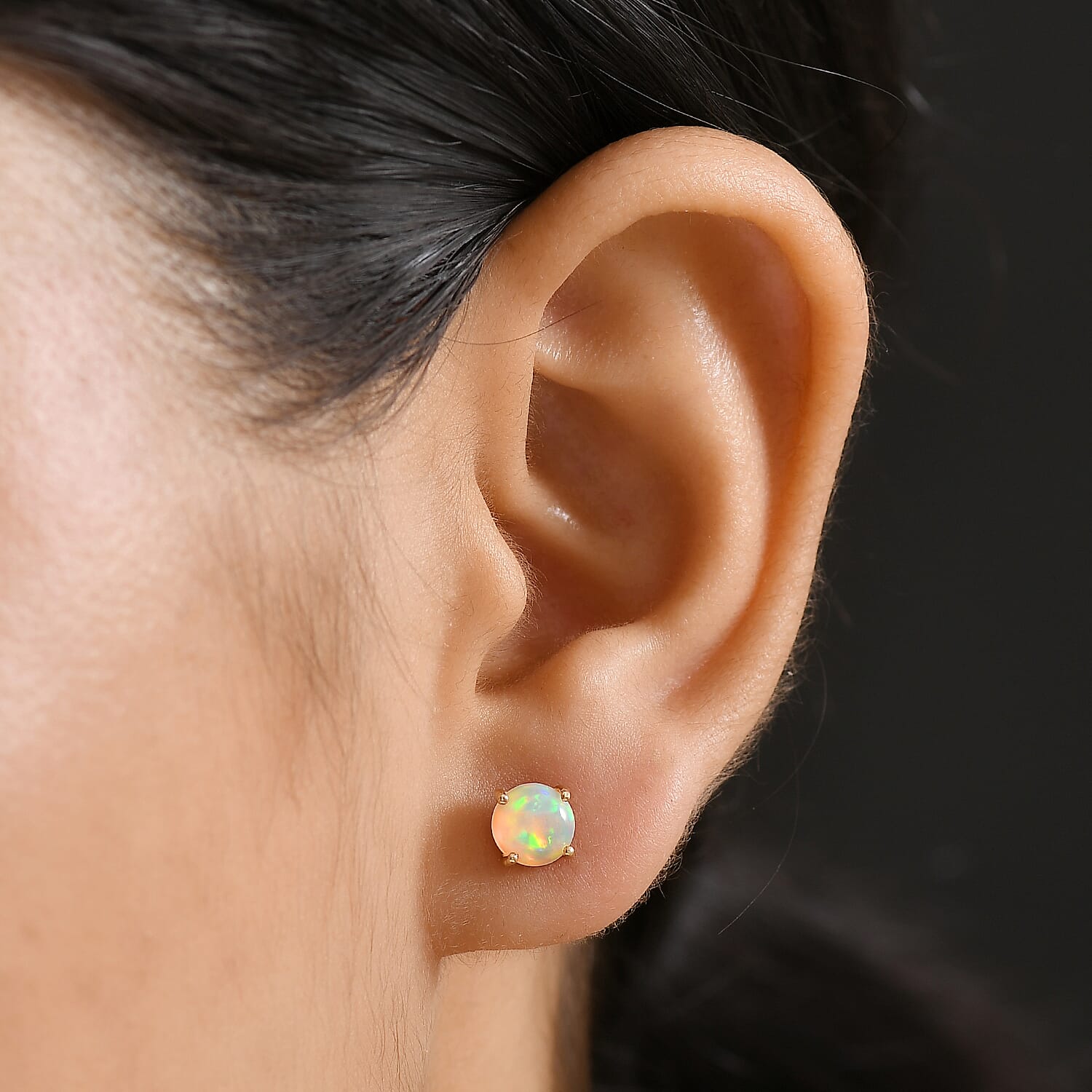 Ethiopian Opal Solitaire Stud Push Post Earring in 18K Yellow Gold Plated Sterling Silver 1.17 Ct.