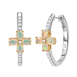 Ethiopian Opal, White Zircon Floral Hoop Earring in Sterling Silver 1.27 Ct.