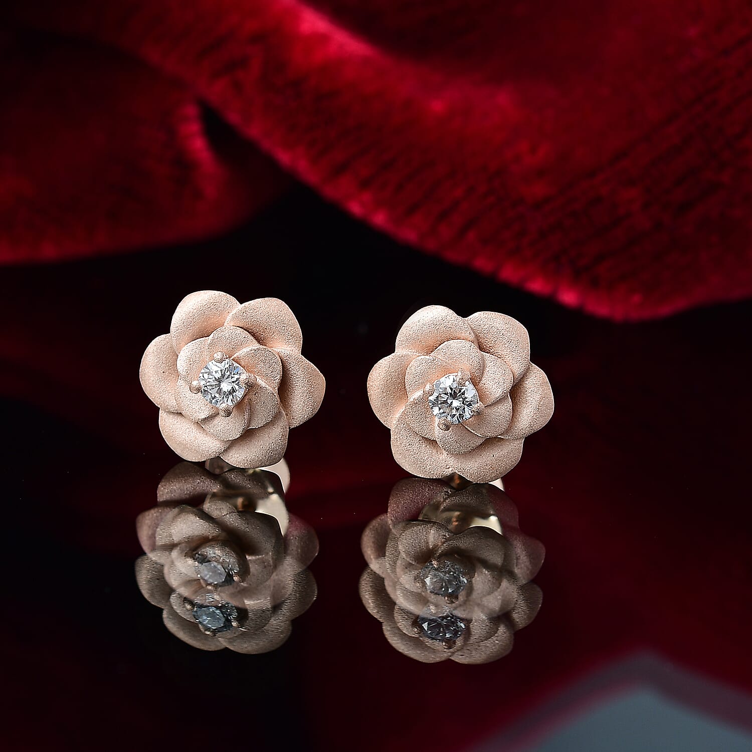 Luxuriant Diamond Lab Grown Diamond (SI-G-H) Floral Stud Push Back Earrings in 18K Vermeil Rose Gold Plated Sterling Silver