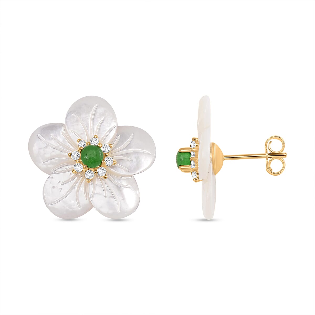White Mother Of Pearl, Green Jade & White Zircon Earring with Push Back in Yellow Gold Plated Sterling Silver 5.50 Ct.