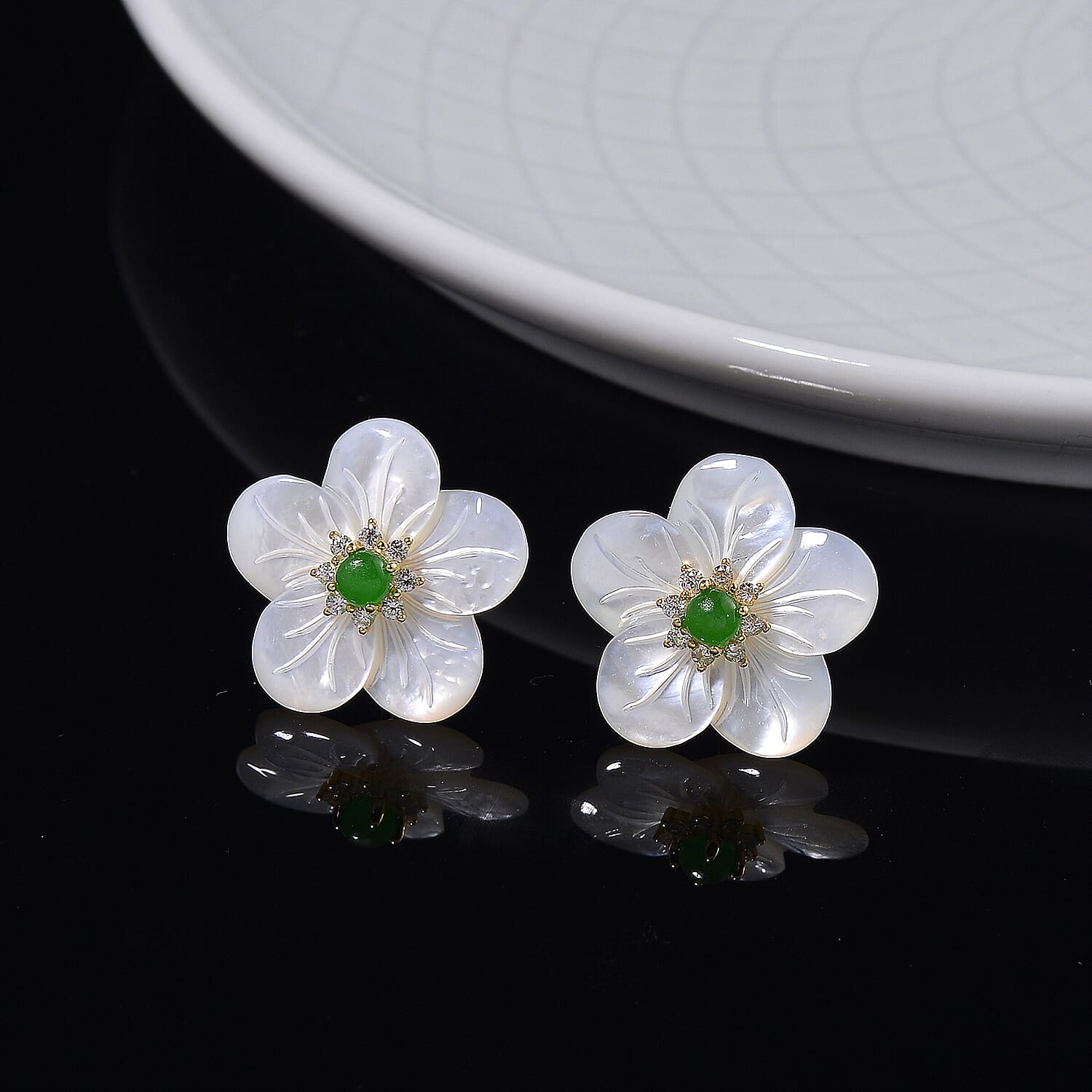 White Mother Of Pearl, Green Jade & White Zircon Earring with Push Back in Yellow Gold Plated Sterling Silver 5.50 Ct.