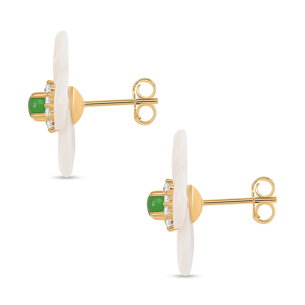 White Mother Of Pearl, Green Jade & White Zircon Earring with Push Back in Yellow Gold Plated Sterling Silver 5.50 Ct.