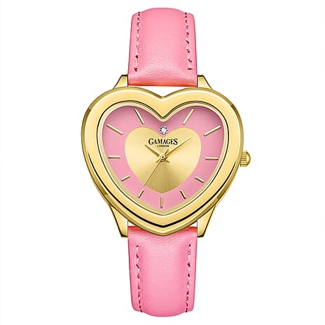 Gamages Of London Limited Edition Heartbeat Natural Diamond Swiss Movt. 3ATM Water Resistance Watch With Genuine Leather Strap - Pink (With 5 Year Warranty)