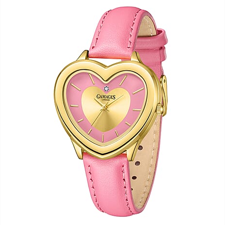 Gamages Of London Limited Edition Heartbeat Natural Diamond Swiss Movt. 3ATM Water Resistance Watch With Genuine Leather Strap - Pink (With 5 Year Warranty)