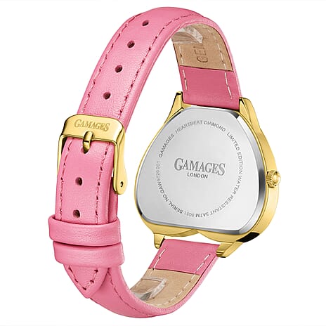 Gamages Of London Limited Edition Heartbeat Natural Diamond Swiss Movt. 3ATM Water Resistance Watch With Genuine Leather Strap - Pink (With 5 Year Warranty)
