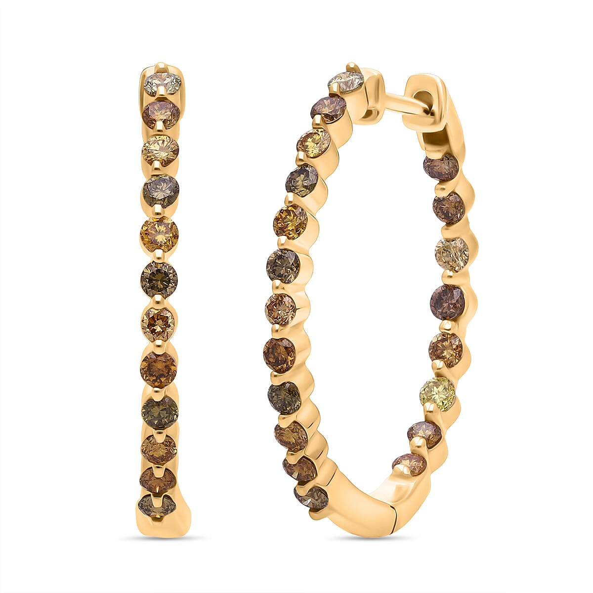 Biggest Close Out Deal - 9K Yellow Gold Natural SGL Certified (SI-I1) Multi Colour Diamond (Green ,Brown, Yellow ) Hoop Earring 1.01 Ct.