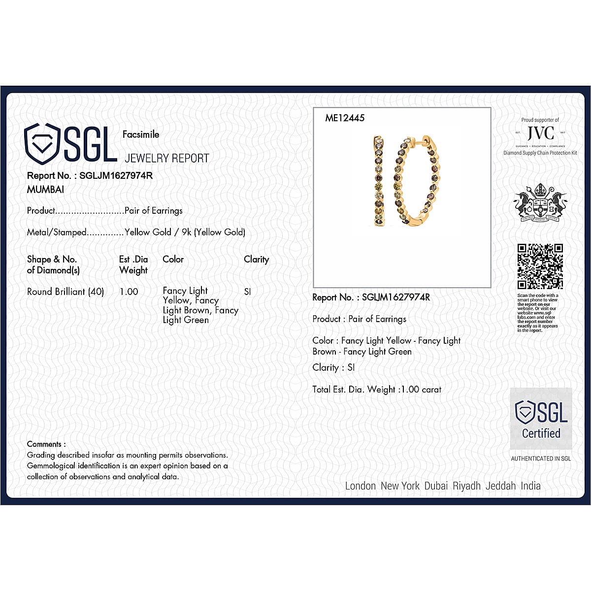 Biggest Close Out Deal - 9K Yellow Gold Natural SGL Certified (SI-I1) Multi Colour Diamond (Green ,Brown, Yellow ) Hoop Earring 1.01 Ct.