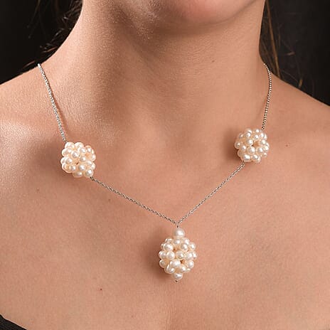 AAA Fresh Water Pearl Necklace (Size - 20) with Lobster Clasp in Rhodium Overlay Sterling Silver 70.00 Ct.