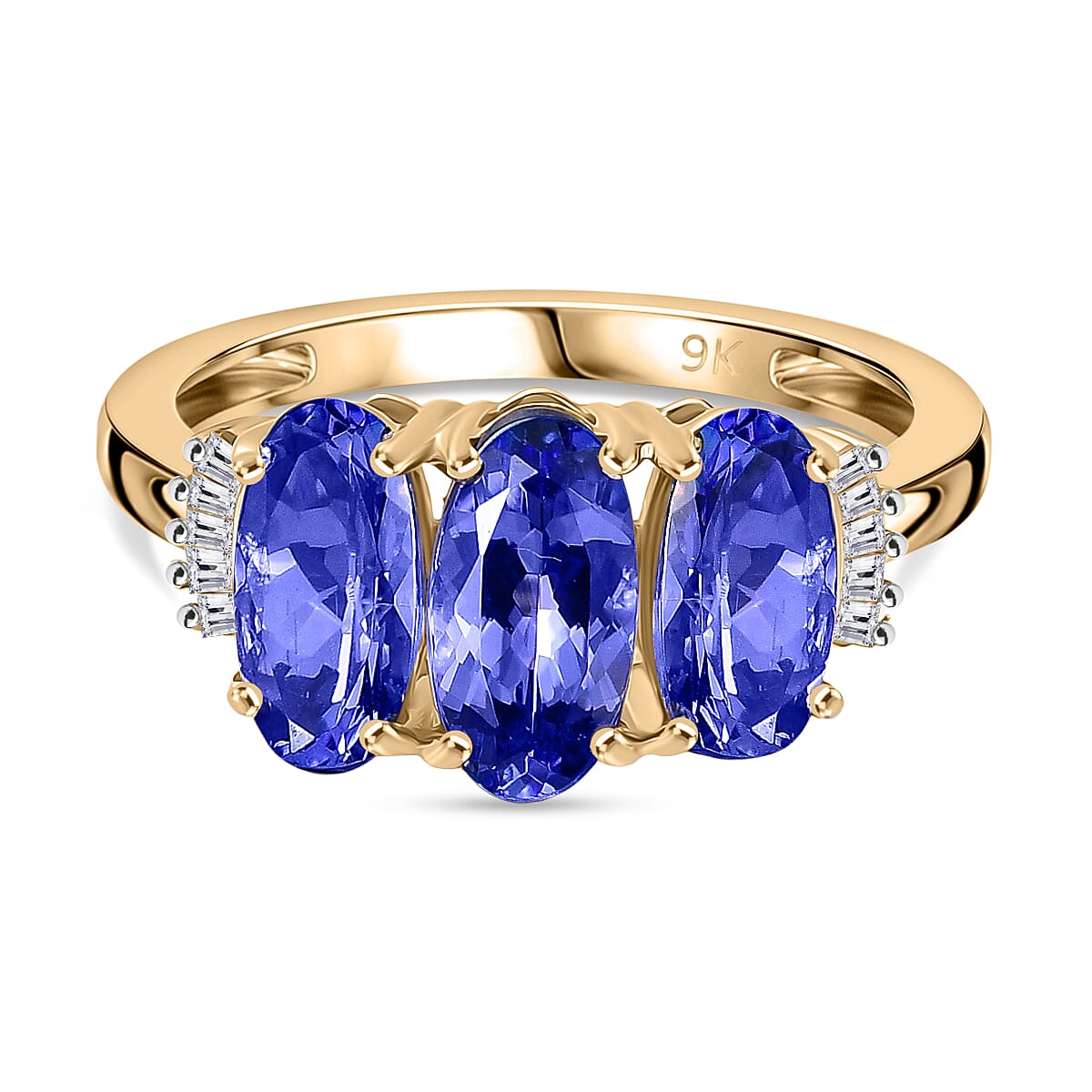 9K Yellow Gold Premium Tanzanite & Diamond Trilogy Ring 2.55 Ct.