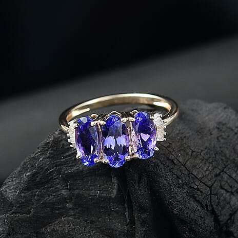 Luxoro 9K Yellow Gold Premium Tanzanite & Diamond Trilogy Ring 2.55 Ct.