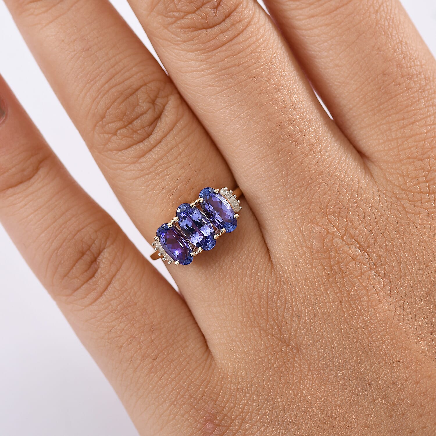 9K Yellow Gold Premium Tanzanite & Diamond Trilogy Ring 2.55 Ct.