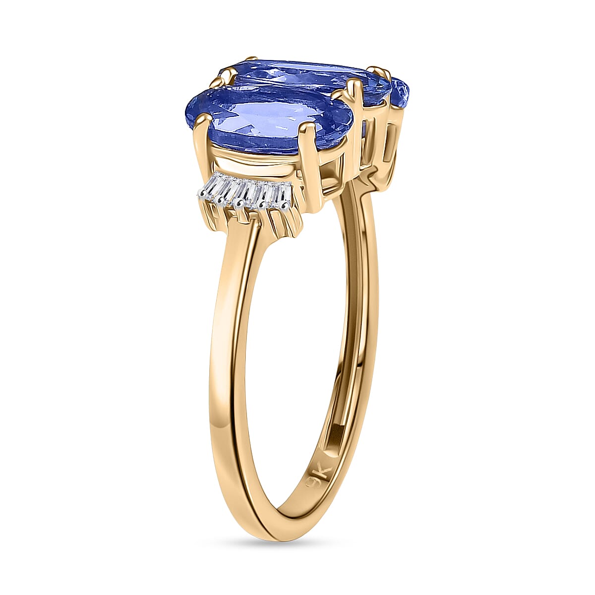 9K Yellow Gold Premium Tanzanite & Diamond Trilogy Ring 2.55 Ct.