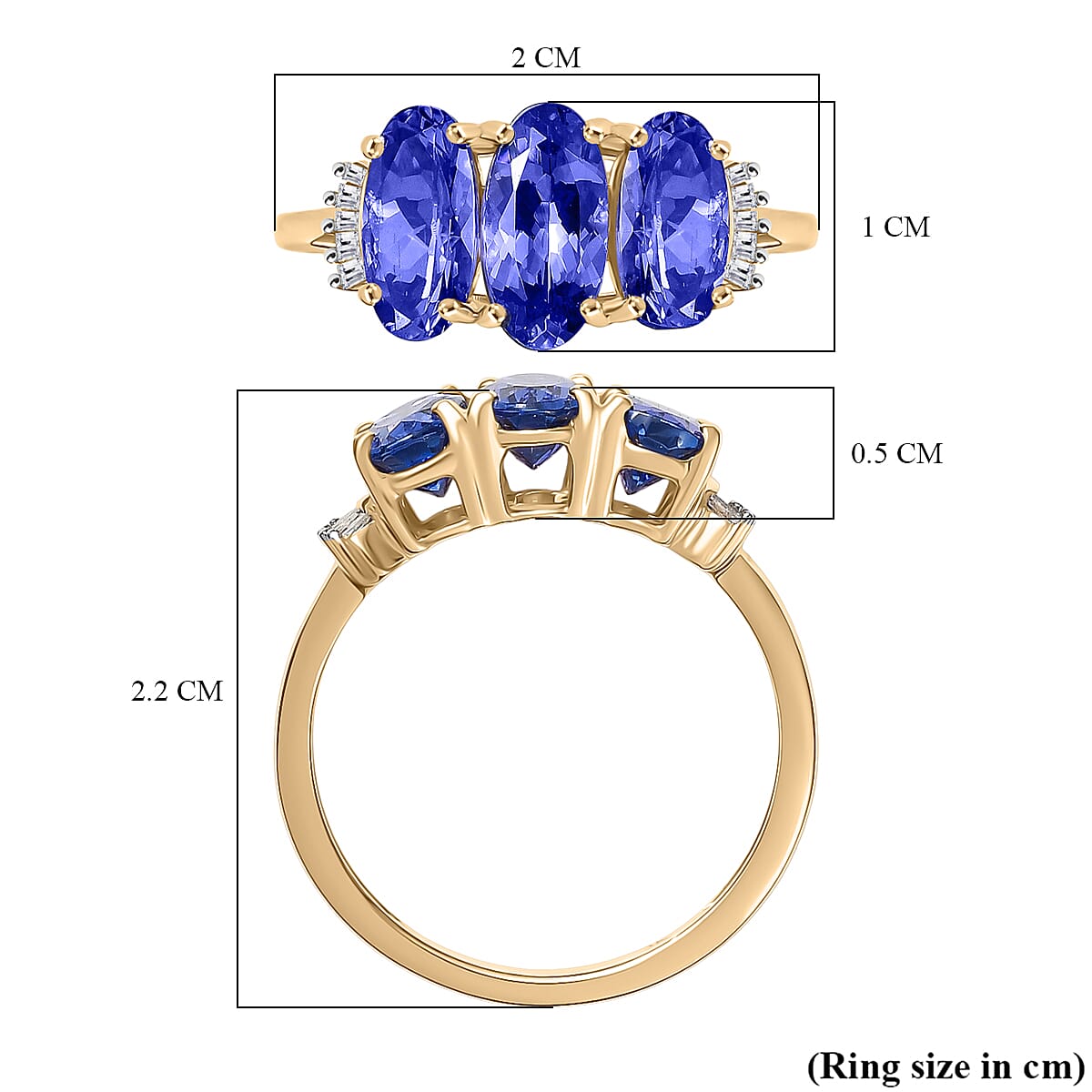 9K Yellow Gold Premium Tanzanite & Diamond Trilogy Ring 2.55 Ct.