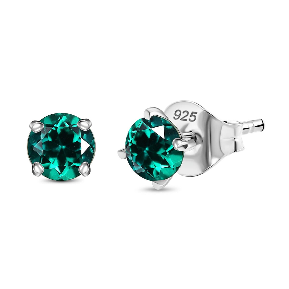 D'Joy - Lab Grown Emerald Solitaire Stud Earring with Push Back in Platinum Overlay Sterling Silver