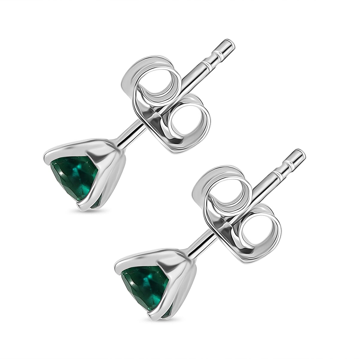 D'Joy - Lab Grown Emerald Solitaire Stud Earring with Push Back in Platinum Overlay Sterling Silver