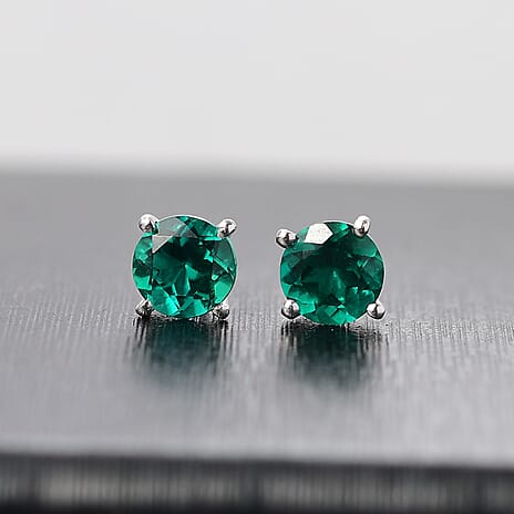 Lab Grown Emerald Solitaire Stud Earring with Push Back in Platinum Overlay Sterling Silver