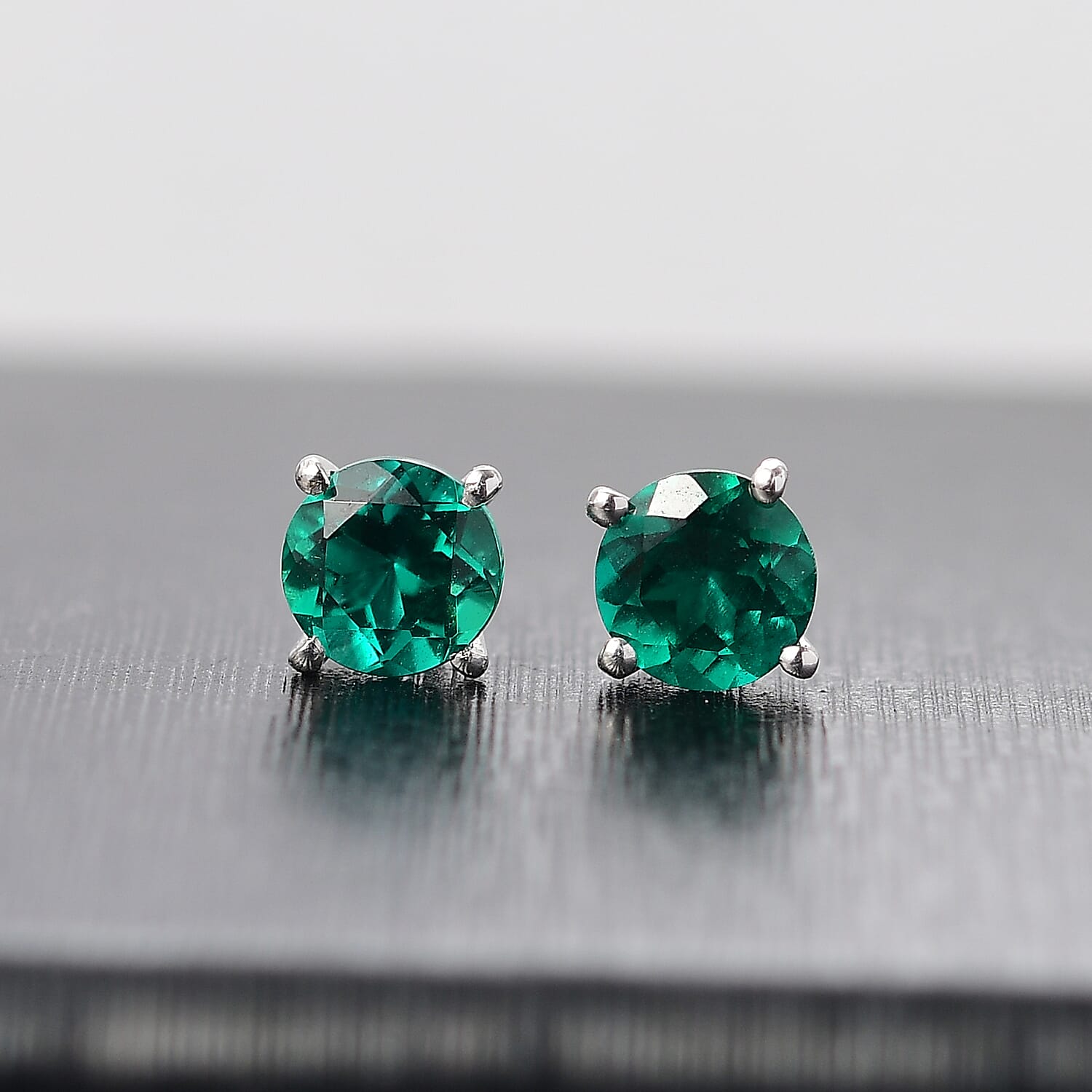 First Time Ever - Lab Grown Emerald RD5 MM Solitaire Stud Earring with Push Back in Platinum Overlay Sterling Silver 1.00 Cts First Time Ever - Lab Grown Emerald RD5 MM Solitaire Stud Earring with Push Back in Platinum Overlay Sterling Silver 1.00 Cts