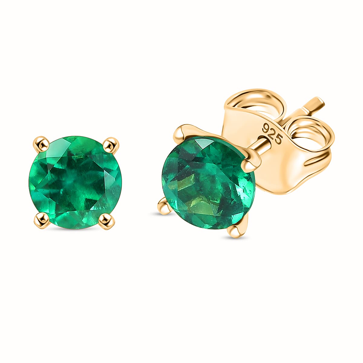 D'Joy - Lab Grown Emerald Solitaire Stud Earring with Push Post in Yellow Gold Plated Sterling Silver 1.00 Cts