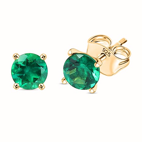 D'Joy - Lab Grown Emerald Solitaire Stud Earring with Push Post in Yellow Gold Plated Sterling Silver 1.00 Cts