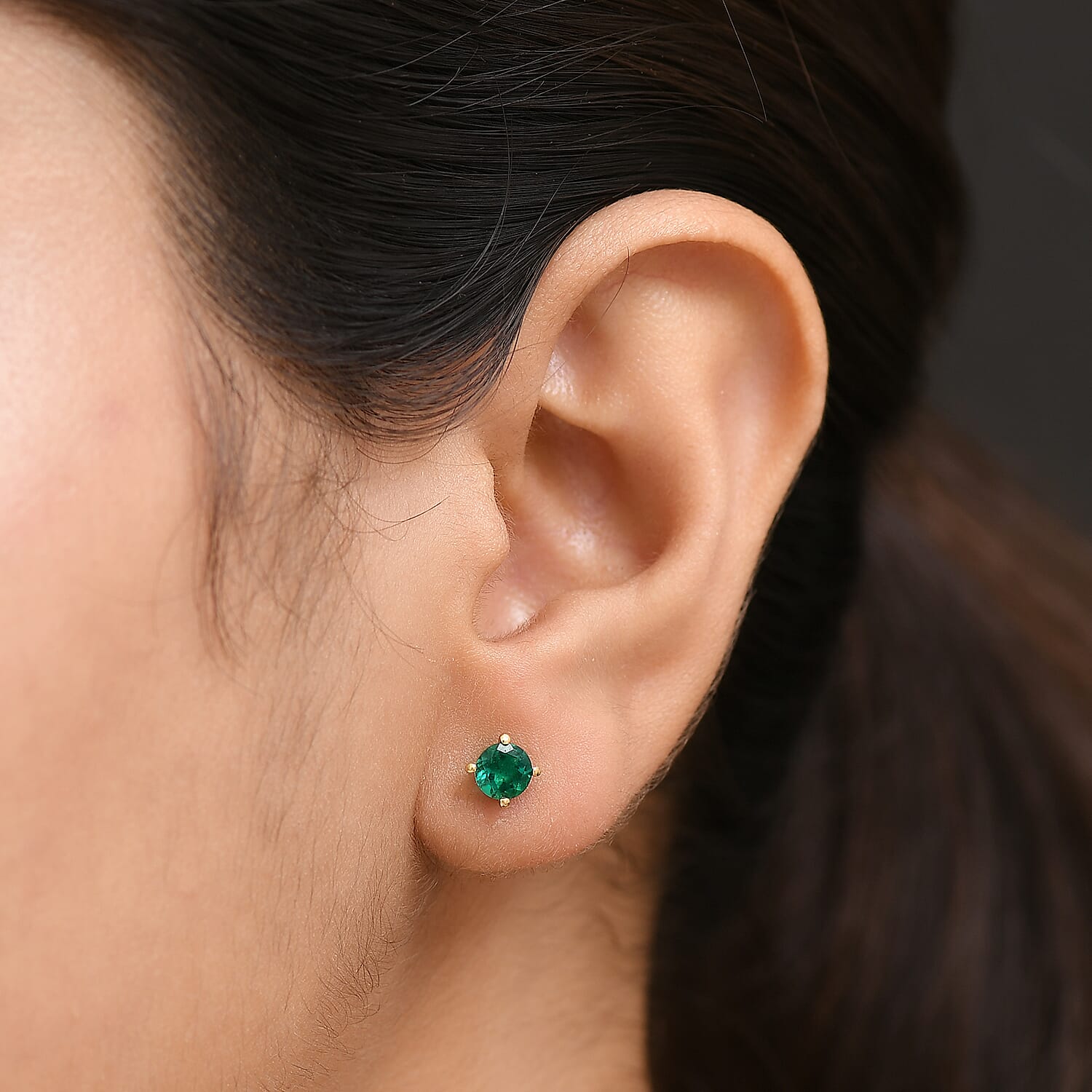 D'Joy - Lab Grown Emerald Solitaire Stud Earring with Push Post in Yellow Gold Plated Sterling Silver 1.00 Cts