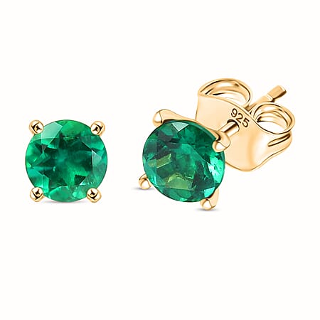 D'joy Lab Grown Emerald Solitaire Stud Push Post Earring in Yellow Gold Plated Sterling Silver 0.97 Ct.