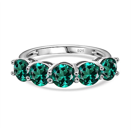 Lab Grown Emerald 5 Stone Ring in Platinum Overlay Sterling Silver 2.250 Ct. Lab Grown Emerald 5 Stone Ring in Platinum Overlay Sterling Silver 2.250 Ct.