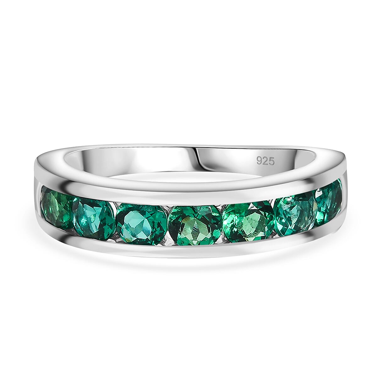 Lab Grown Emerald Channel Set Ring in Platinum Overlay Sterling Silver 1.14 Ct.