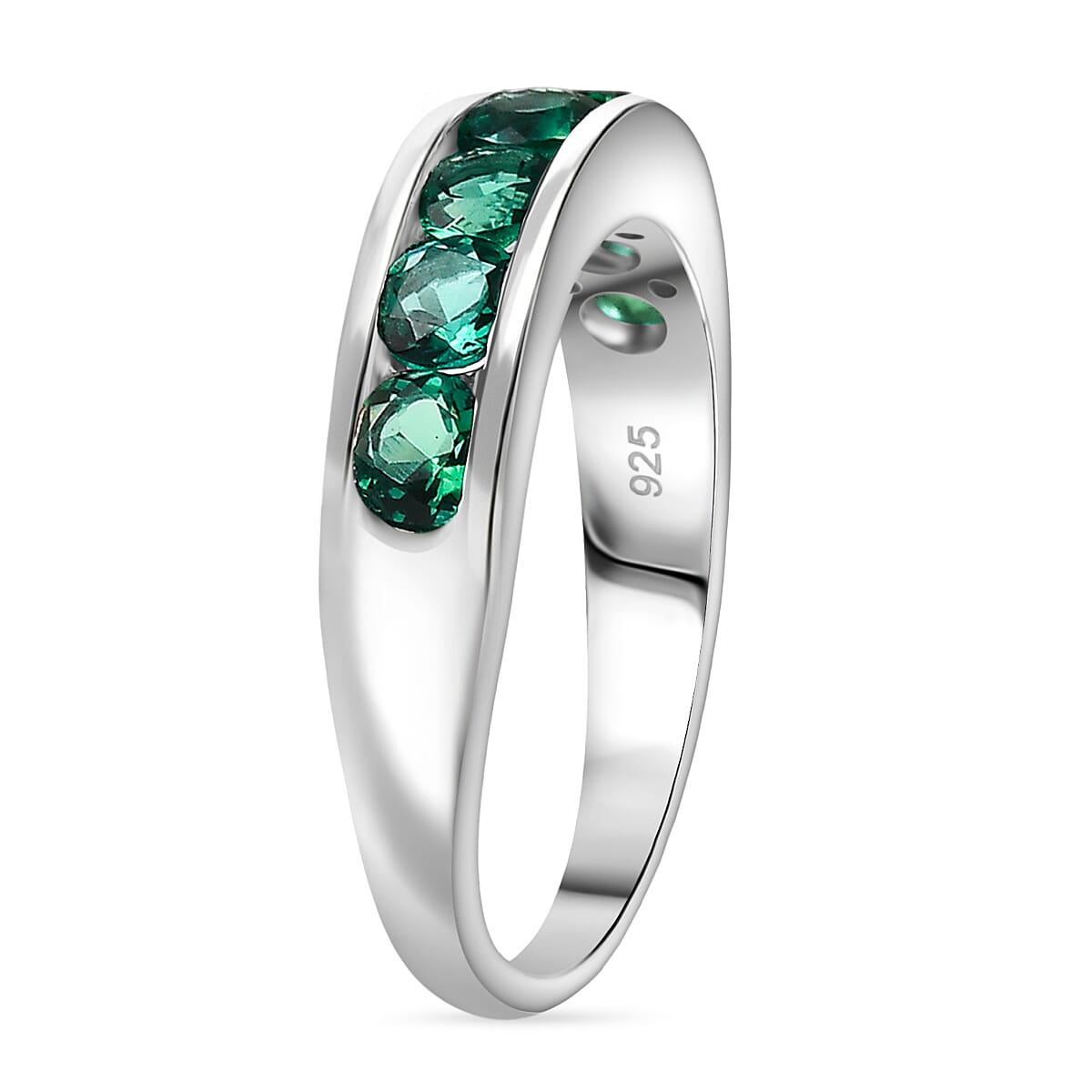 Lab Grown Emerald Channel Set Ring in Platinum Overlay Sterling Silver 1.14 Ct.