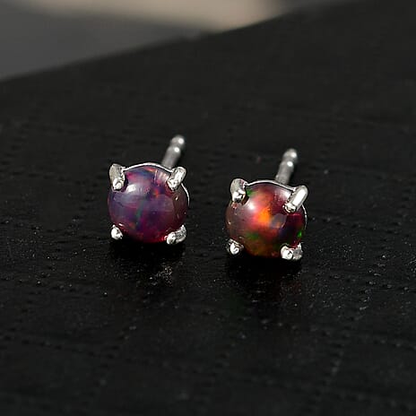 Sable Dyed Ethiopian Opal Earring with Push Back in Platinum Overlay Sterling Silver