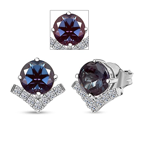 Luxuriant Diamond 10K White Gold AAA Lab Grown Alexandrite, Lab Grown Diamond GH, SI Solitaire Stud Push Post Earring, Gold Wt.1.9 Gms  3.434  Ct.