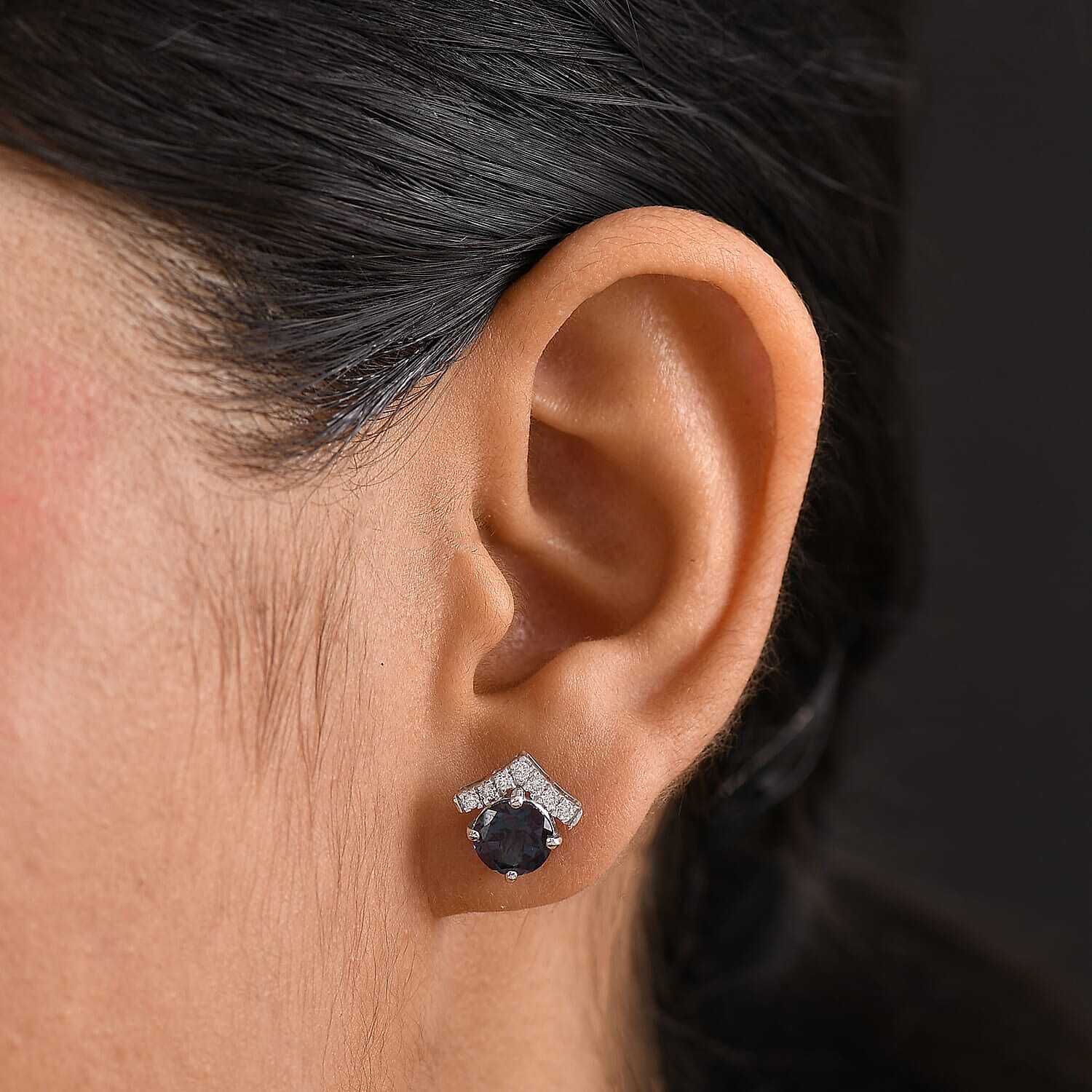 Luxuriant Diamond 10K White Gold AAA Lab Grown Alexandrite, Lab Grown Diamond GH, SI Solitaire Stud Push Post Earring, Gold Wt.1.9 Gms  3.434  Ct.