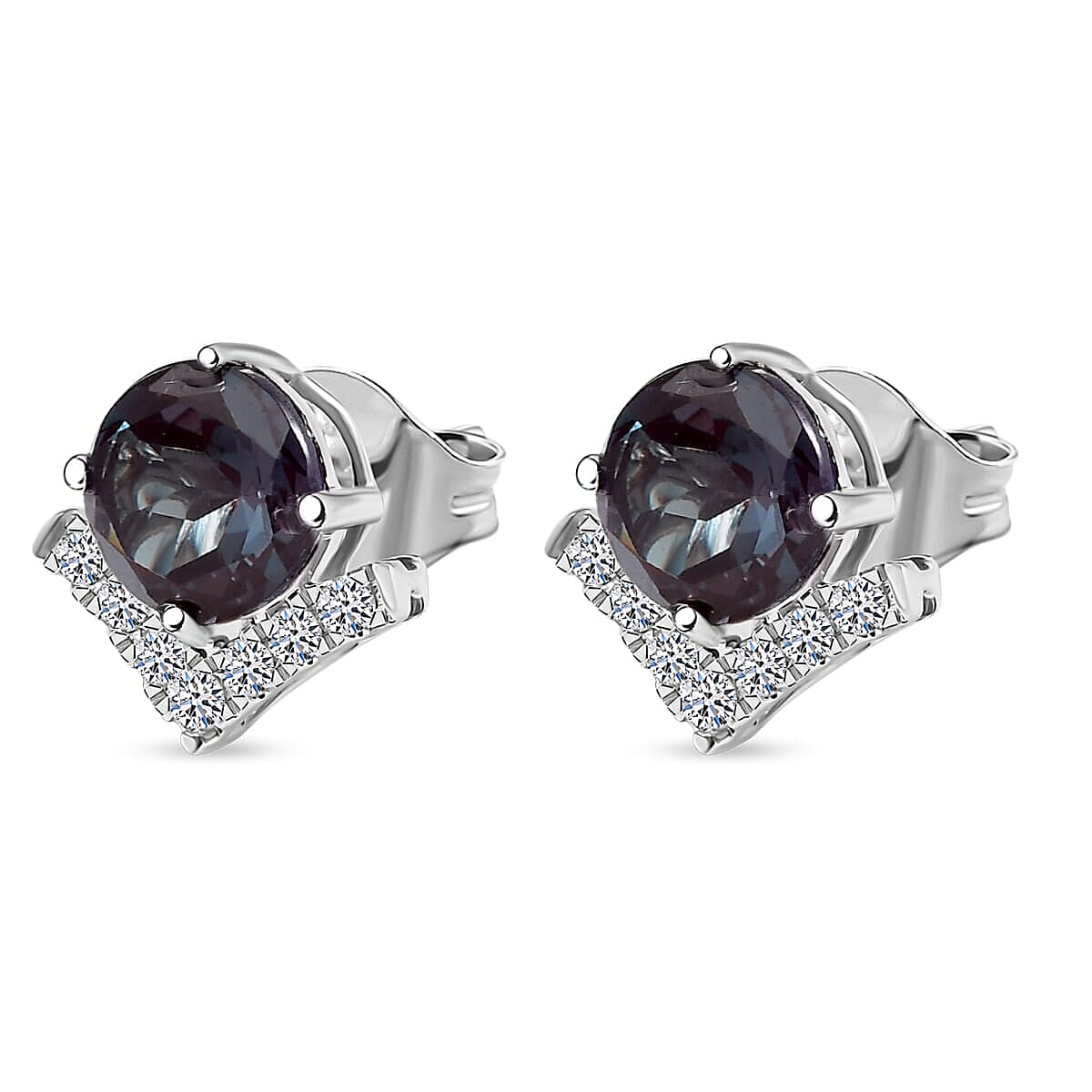 Luxuriant Diamond 10K White Gold AAA Lab Grown Alexandrite, Lab Grown Diamond GH, SI Solitaire Stud Push Post Earring, Gold Wt.1.9 Gms  3.434  Ct.