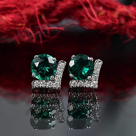 Luxuriant 10K White Gold AAA Lab Grown Emerald, Lab Grown Diamond GH, SI Solitaire Stud Push Post Earring, Gold Wt.1.7 Gms  2.506  Ct.