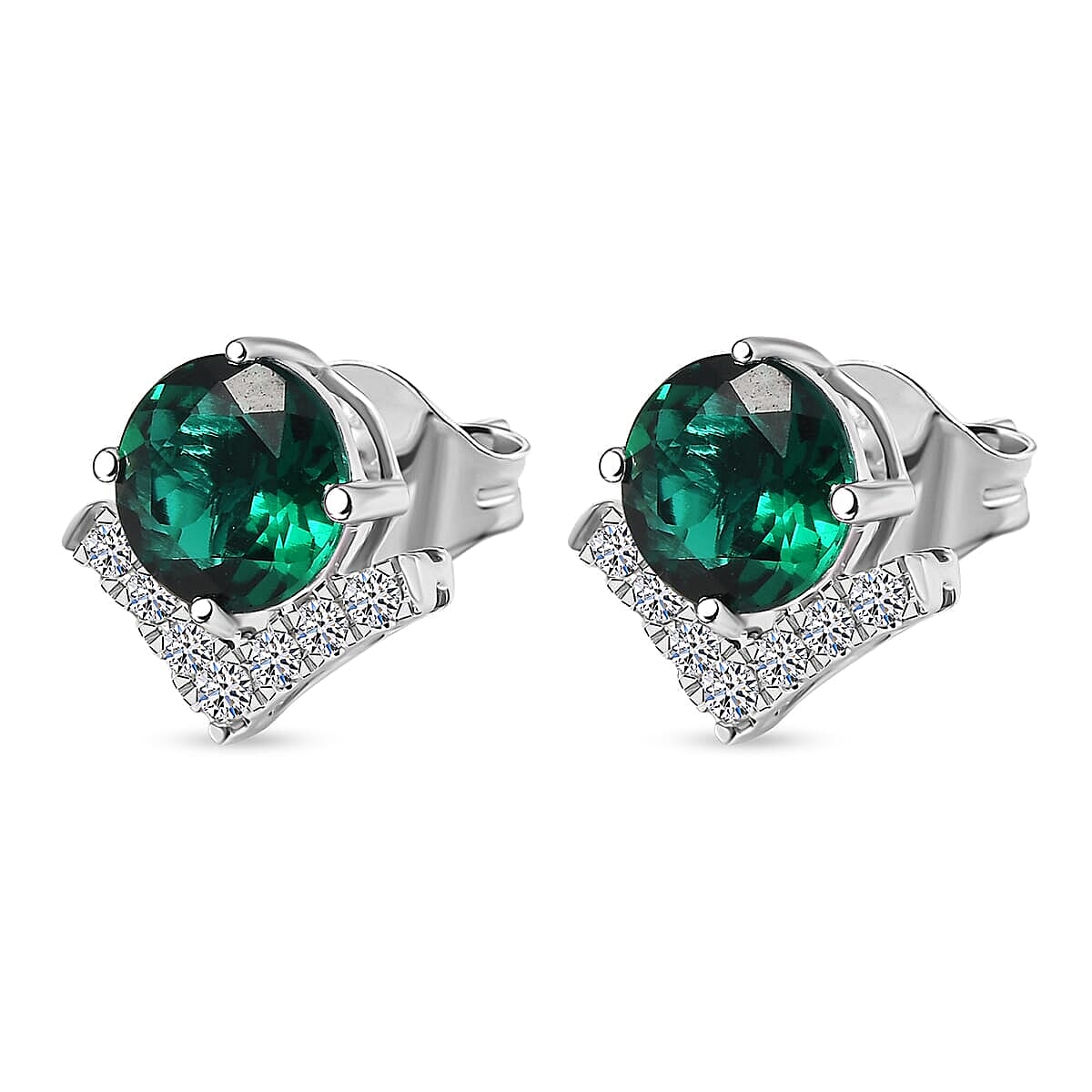 Luxuriant 10K White Gold AAA Lab Grown Emerald, Lab Grown Diamond GH, SI Solitaire Stud Push Post Earring, Gold Wt.1.7 Gms  2.506  Ct.