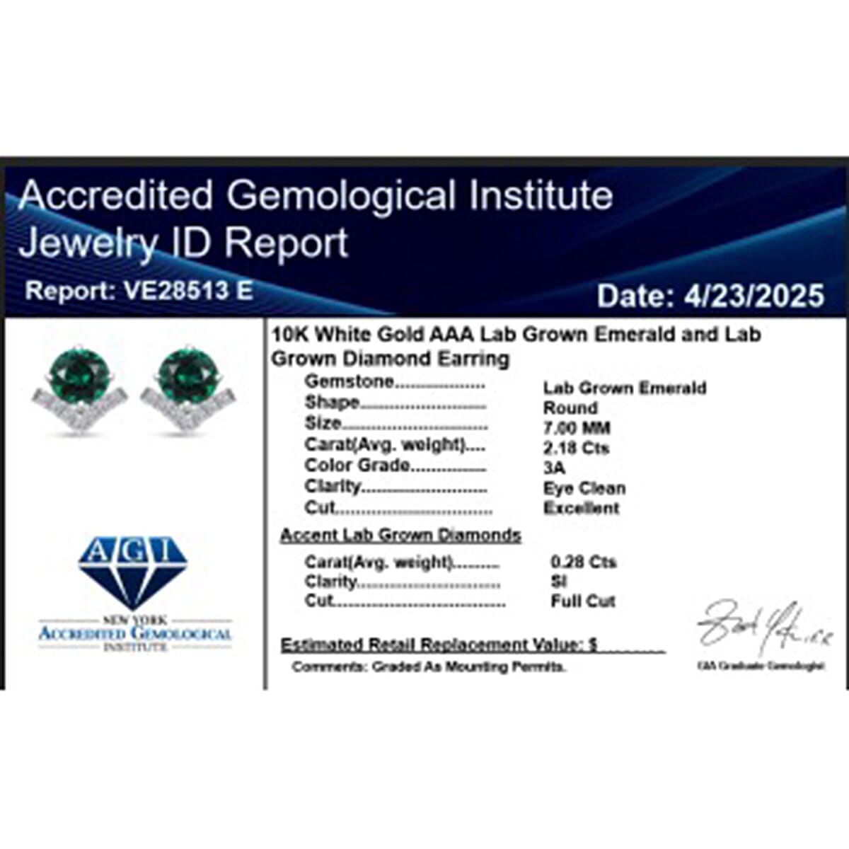 Luxuriant 10K White Gold AAA Lab Grown Emerald, Lab Grown Diamond GH, SI Solitaire Stud Push Post Earring, Gold Wt.1.7 Gms  2.506  Ct.