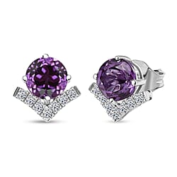 Appraised and Certified LUXURIANT 10K White Gold AAA Lab Grown Purple Sapphire, Lab Grown Diamond Solitaire Stud Push Post Earring, 3.93 Ct. (GH, SI)