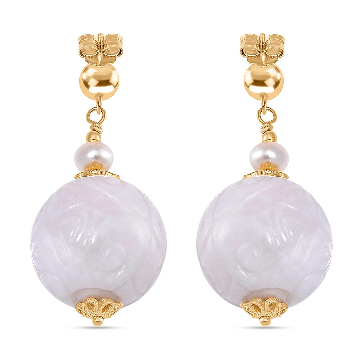 Natural White Jade & White Fresh Water Pearl Earring with Push Back in Yellow Gold Plated Sterling Silver 70.00 Ct. Natural White Jade & White Fresh Water Pearl Earring with Push Back in Yellow Gold Plated Sterling Silver 70.00 Ct.