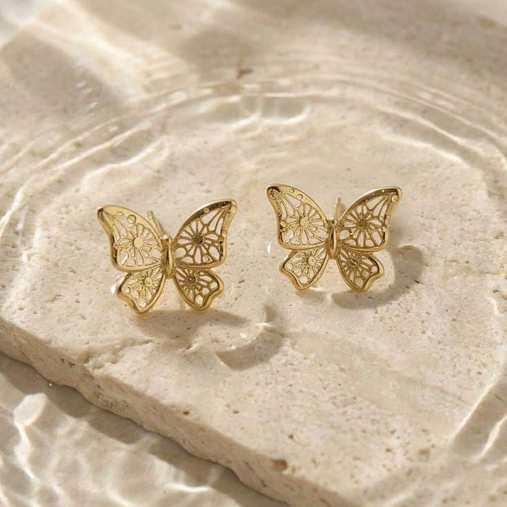 Royal Bali Collection - 9K Yellow Gold Butterfly Stud Push Back Earring