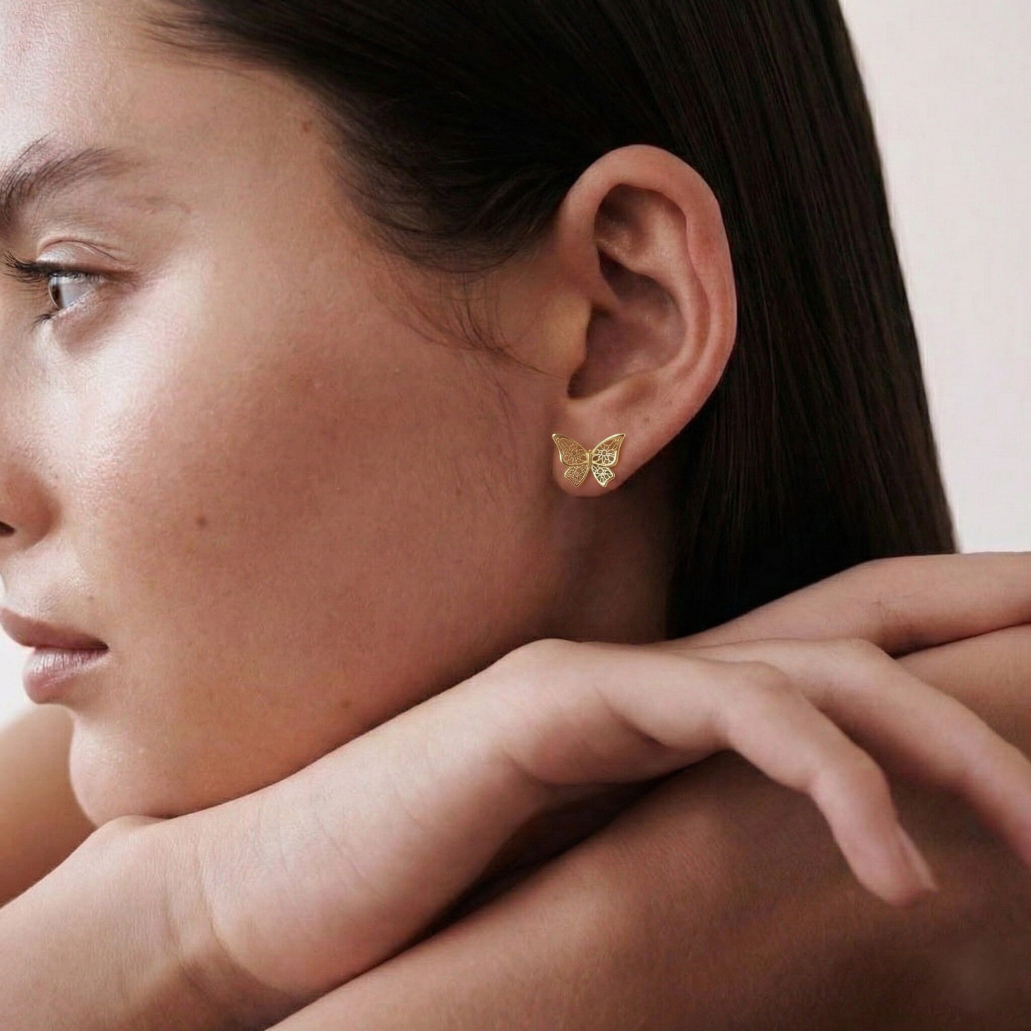 Royal Bali Collection - 9K Yellow Gold Butterfly Stud Push Back Earring