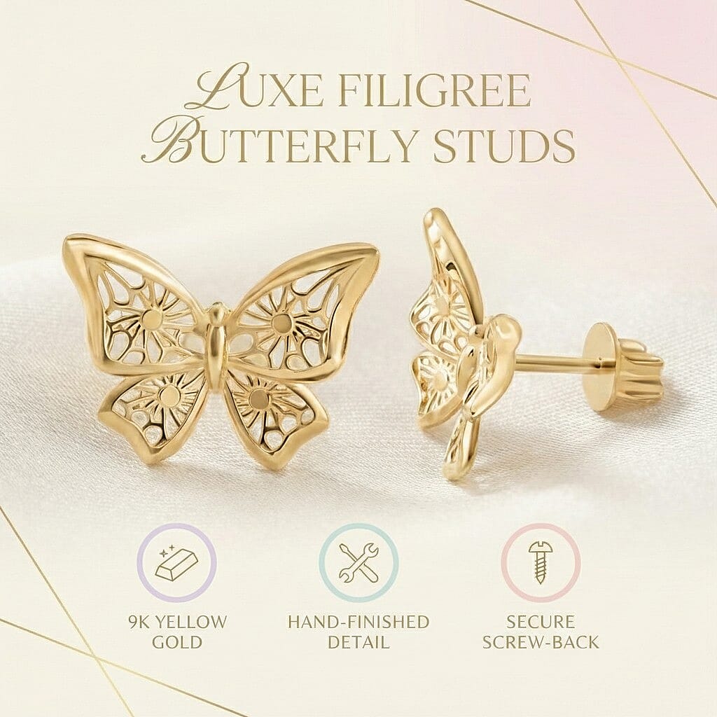 Royal Bali Collection - 9K Yellow Gold Butterfly Stud Push Back Earring