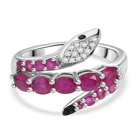 African Ruby, Black Spinel & White Zircon Serpentine Ring in Rhodium Overlay Sterling Silver 1.58 Ct.
