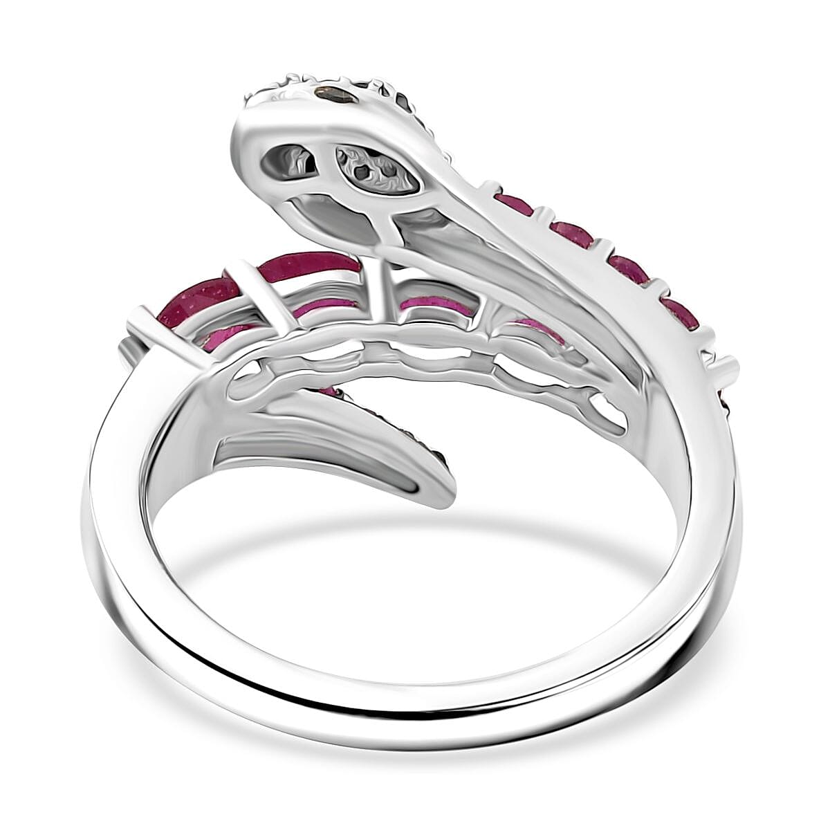 African Ruby, Black Spinel & White Zircon Bypass Ring in Rhodium Overlay Sterling Silver 1.58 Ct. African Ruby, Black Spinel & White Zircon Bypass Ring in Rhodium Overlay Sterling Silver 1.58 Ct.
