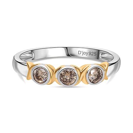 Djoy Champagne Diamond Trilogy Band Ring in 18K Vermeil Yellow Gold Plated & Rhodium Overlay Sterling Silver