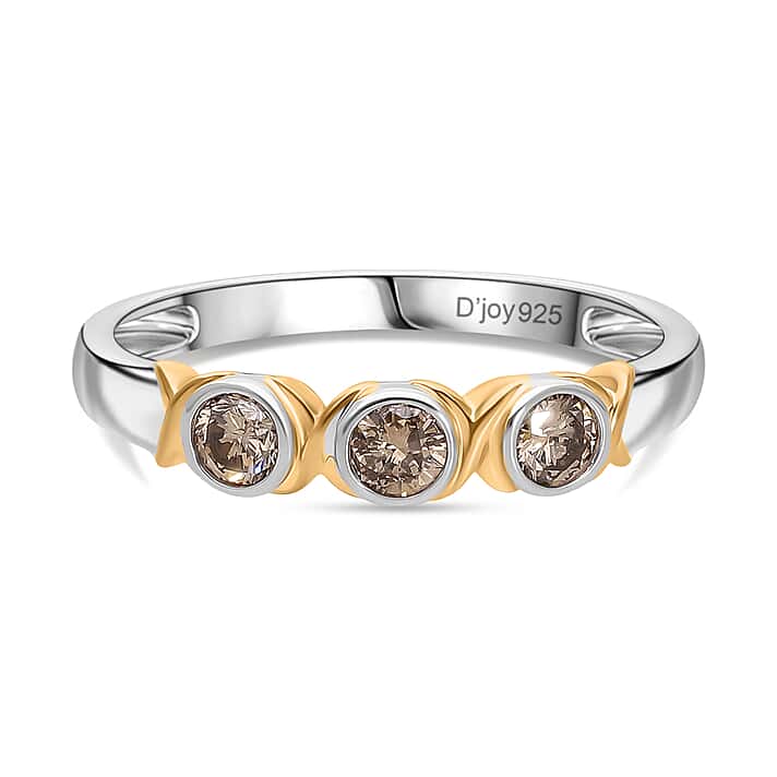 D'joy Champagne Diamond Trilogy Band Ring in 18K Vermeil Yellow Gold Plated & Rhodium Overlay Sterling Silver