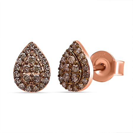Champagne Diamond Stud Push Back Earring in Vermeil Rose Gold Plated Sterling Silver