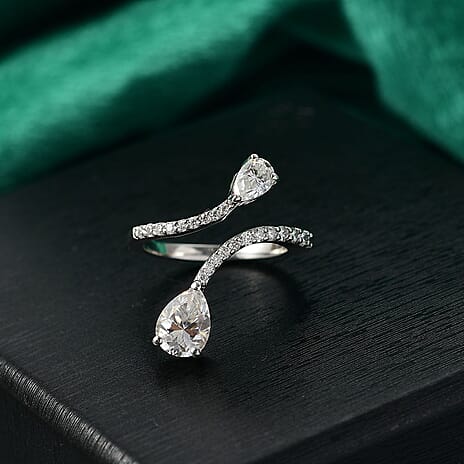 Moissanite Bypass Ring in Rhodium Overlay Sterling Silver 1.81 Ct.
