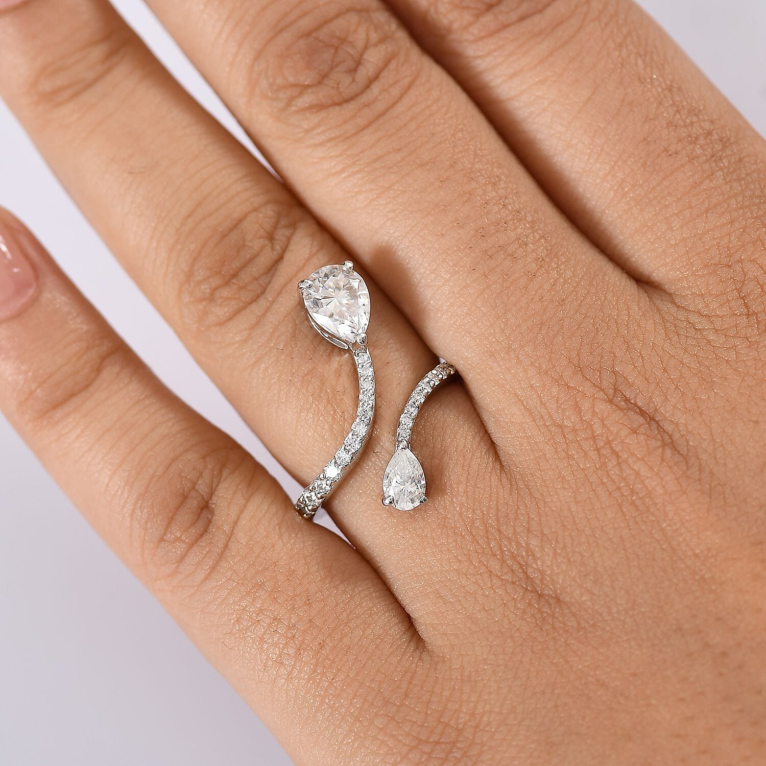 Moissanite Bypass Ring in Rhodium Overlay Sterling Silver 1.81 Ct.