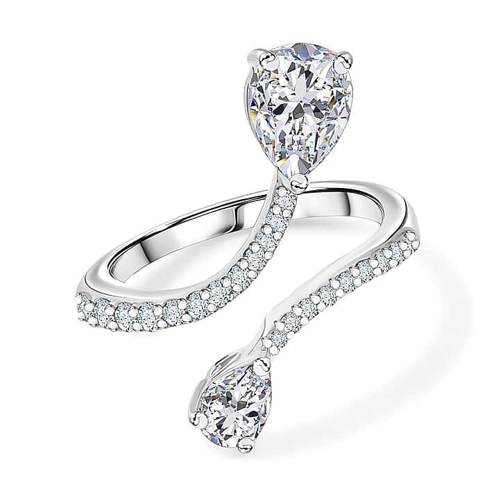 Moissanite Adjustable Bypass Ring in Rhodium Overlay Sterling Silver 1.80 Ct.